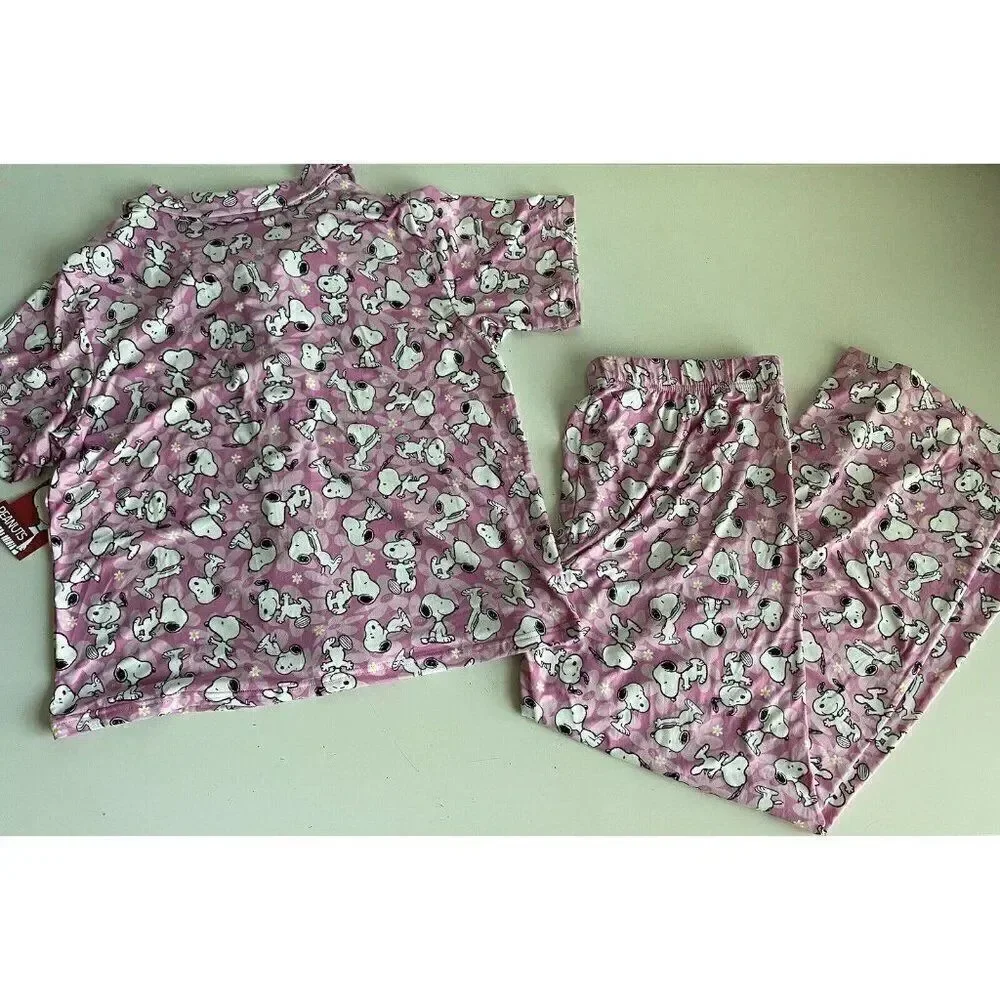 Peanuts SNOOPY‎ Pink Women’s Sz L Pajama PJ Set Pants Short Sleeve Soft Daisies